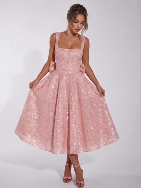 Vestido de lentejuelas Linea A de escote cuadrado con lazo y corsé