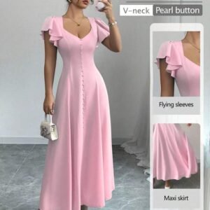 Vestido Linea A de manga corta de vuelos escote V con botones