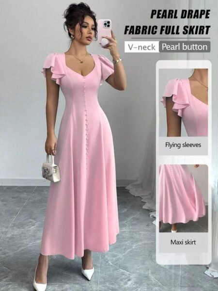 Vestido Linea A de manga corta de vuelos escote V con botones