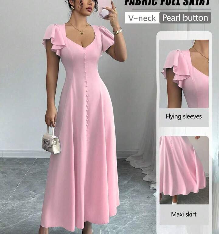 Vestido Linea A de manga corta de vuelos escote V con botones