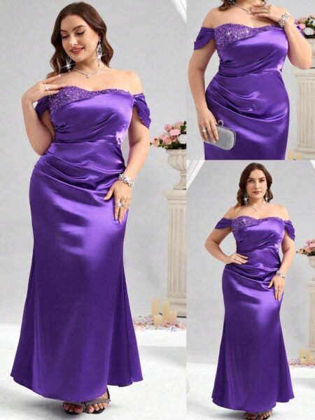 Vestido de satén estilo sirena hombros descubiertos con lentejuelas