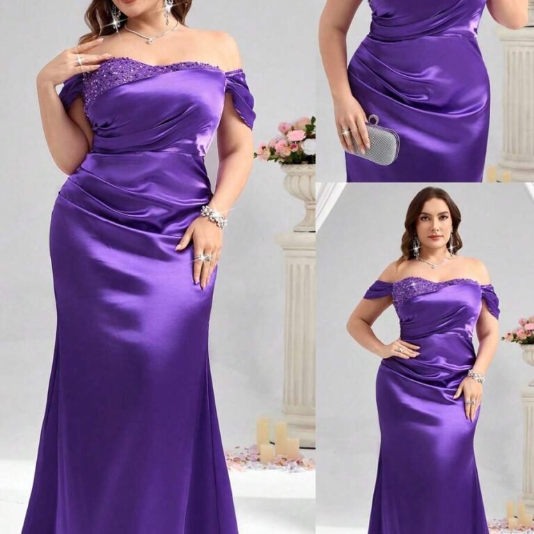 Vestido de satén estilo sirena hombros descubiertos con lentejuelas