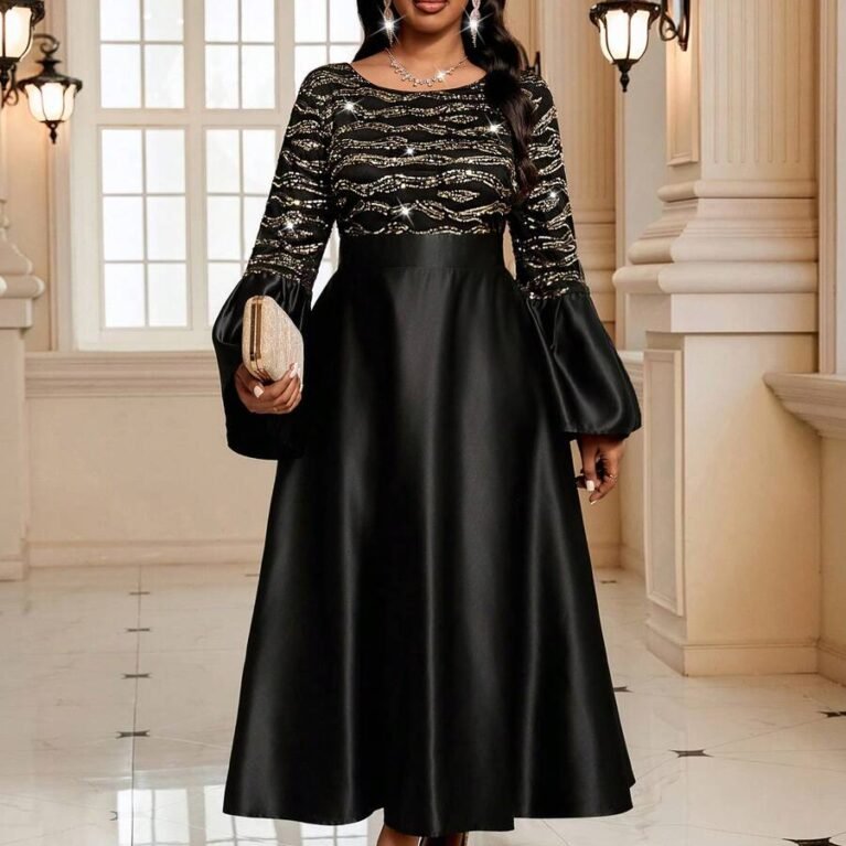 Vestido de satén con lentejuelas doradas, de manga larga volada