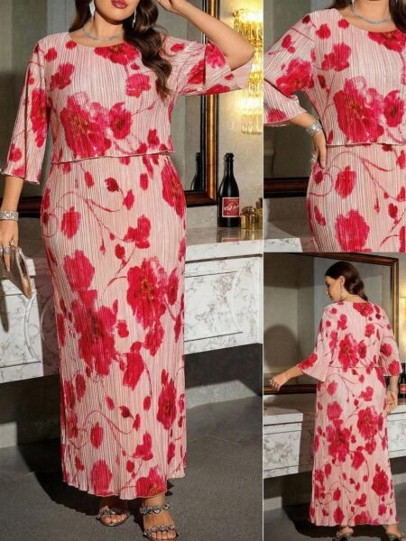 Vestido de manga corta con volantes y pliegues con estampado floral