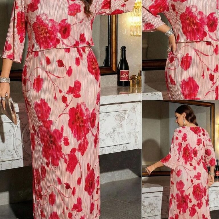 Vestido de manga corta con volantes y pliegues con estampado floral