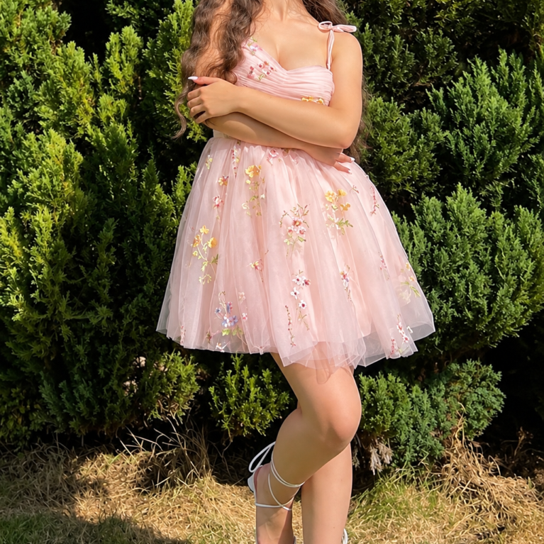Vestido de tirantes con lazos, bordado floral y cierre de corsé