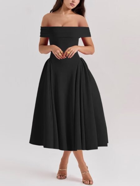 Vestido de hombros descubiertos con falda amplia acampanada