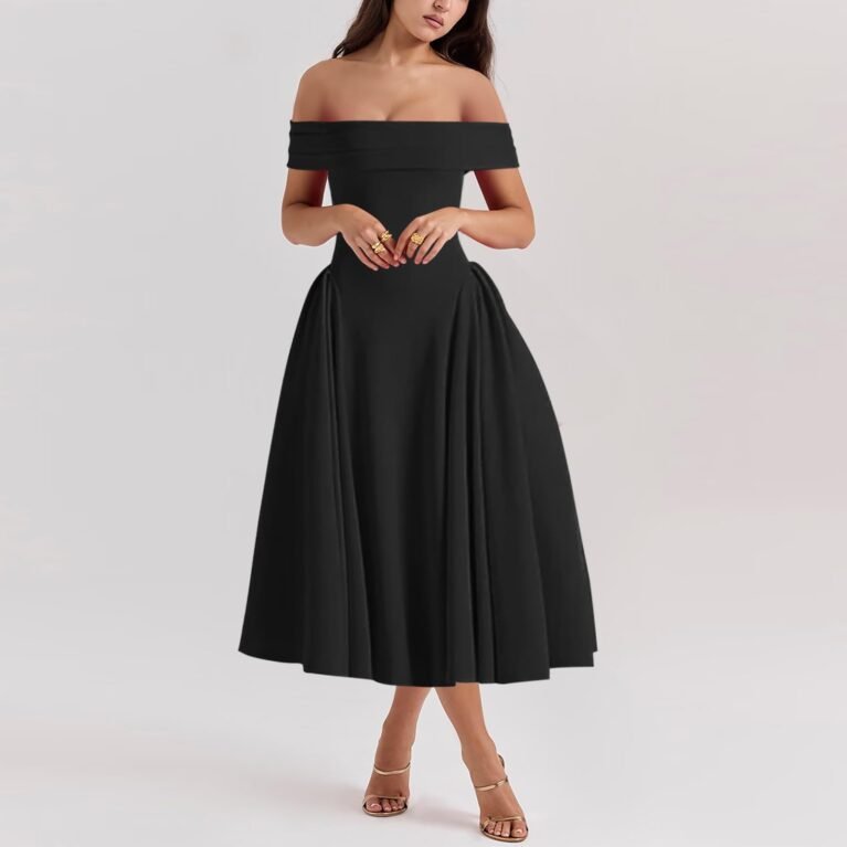 Vestido de hombros descubiertos con falda amplia acampanada