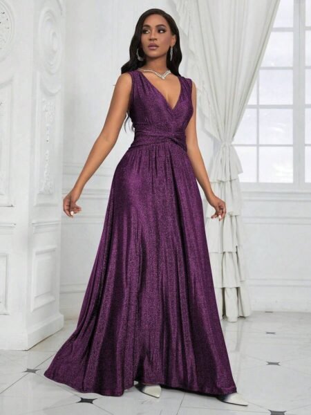 Vestido brillante Linea A escote V con cintura cruzada