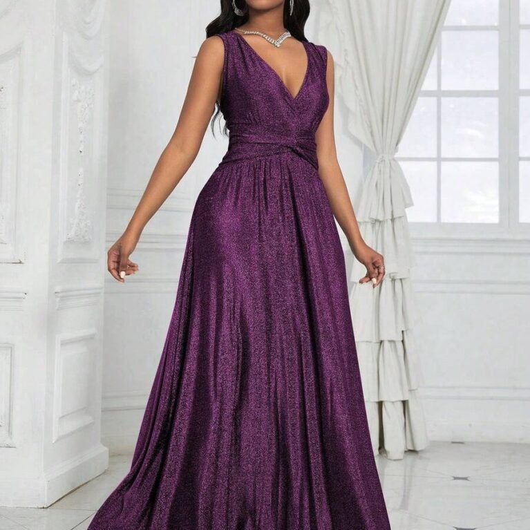 Vestido brillante Linea A escote V con cintura cruzada