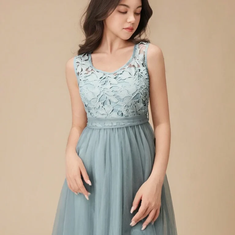 Vestido de encaje y tul Linea A sin mangas con cuello y espalda V